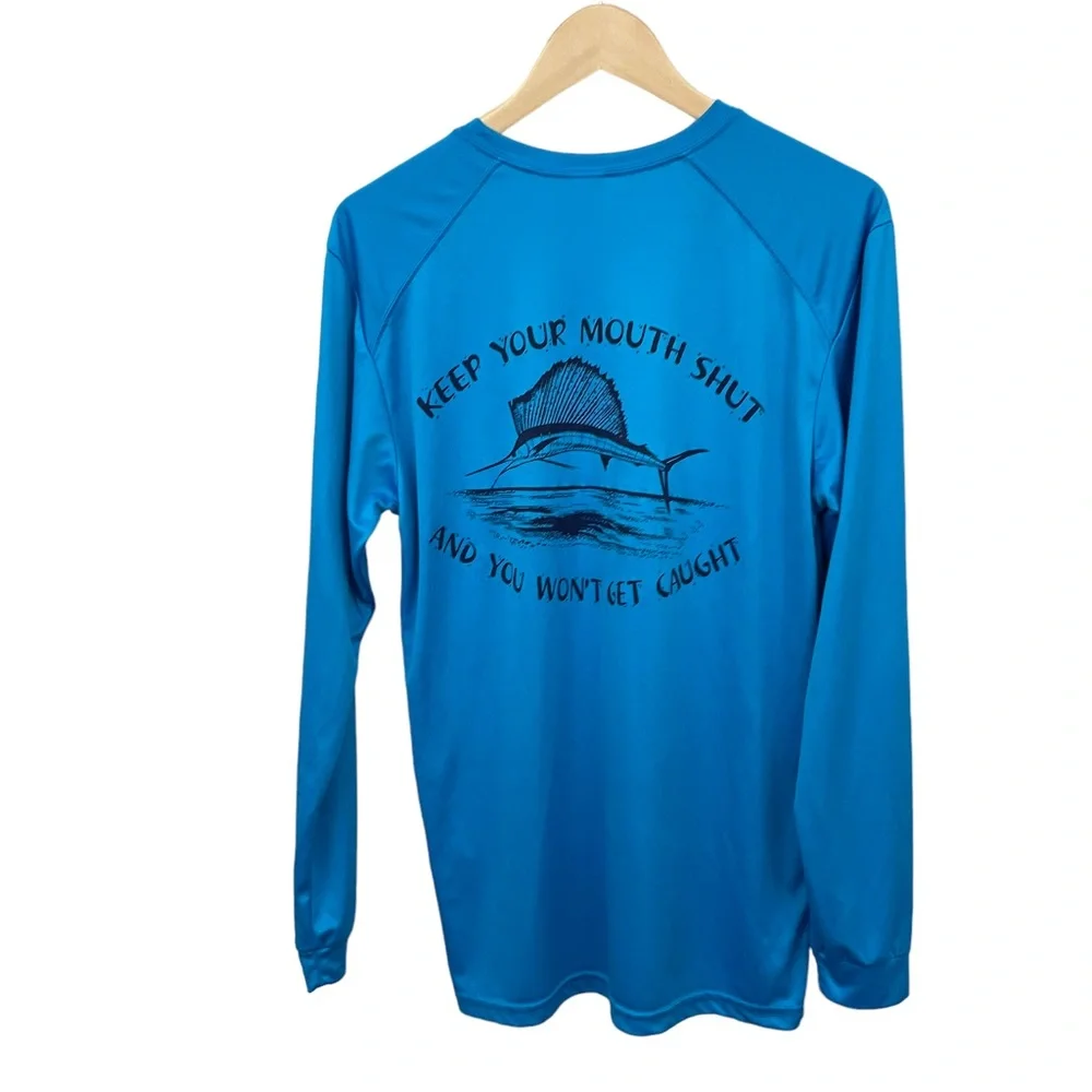 Mens sun shirt blue Marlin fishing shirt size M santa rosa beach florida long sl